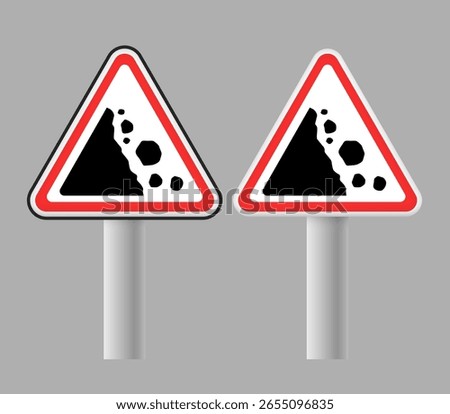 Falling Rocks Traffic Sign. Vector 3d clipart isolated on grey background.