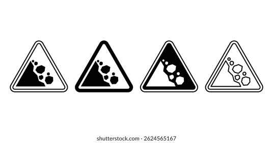 Sinais de aviso de queda Rocks preto e branco Ícones triangulares Projeto vetorial
