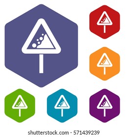 Falling rocks warning traffic sign icons set rhombus in different colors isolated on white background