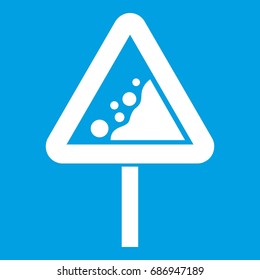 Falling rocks warning traffic sign icon white isolated on blue background vector illustration