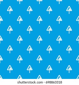 Falling rocks warning traffic sign pattern repeat seamless in blue color for any design. Vector geometric illustration