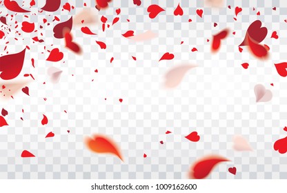 Falling romantic red hearty petals of flowers or abstract bokeh transparent red heart shaped confetti isolated on checkered background.Valentine's day concept.Vector illustration for holiday greeting.