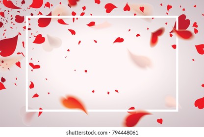Falling romantic red hearty petals of flowers or abstract bokeh transparent red heart shaped confetti isolated on light background. Valentine's day concept.Vector illustration for holiday greeting.