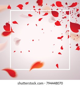 Falling romantic red hearty petals of flowers or abstract bokeh transparent red heart shaped confetti isolated on light background.Valentine's day concept.Vector illustration for holiday greeting.