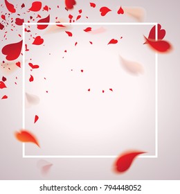 Falling romantic red rose flower petals or abstract bokeh transparent red heart shaped confetti isolated on light background.Valentine's day concept.Vector illustration for holiday greeting.