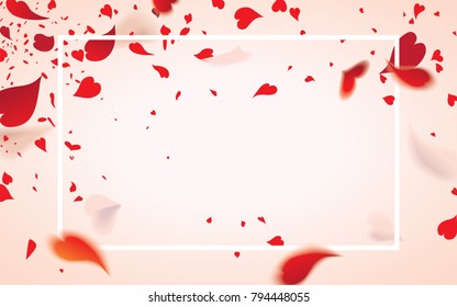 Falling romantic red rose flower petals or abstract bokeh transparent red heart shaped confetti isolated on light background. Valentine's day concept.Vector illustration for holiday greeting.