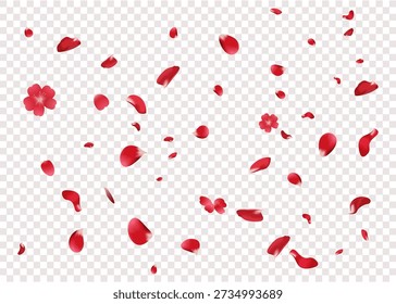Falling rose petals. Red petals on transparent background Vector illustration Romantic design for Valentine's Day