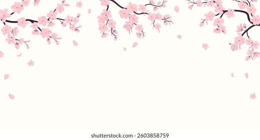 Falling sakura petals with blooming branches on white background. Flat vector illustration. Grainy texture effect. Ideal for banner, poster, wedding invitations, covers.