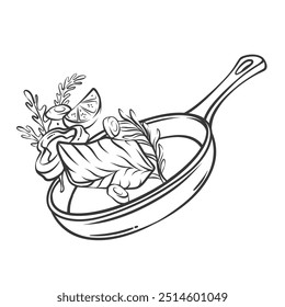 Salmón en caída, verduras y hierbas para freír en el icono de línea de sartén. Delinea la sartén con ingredientes de comida fresca para freír. Mascota del proceso de cocción, Ilustración vectorial de la cacerola de los mariscos dibujada a mano