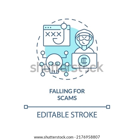 Falling for scams turquoise concept icon. Beware of frauds. Common crypto mistake abstract idea thin line illustration. Isolated outline drawing. Editable stroke. Arial, Myriad Pro-Bold fonts used