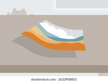 Hoja de papel que cae con el paisaje en la ilustración plana de la tabla