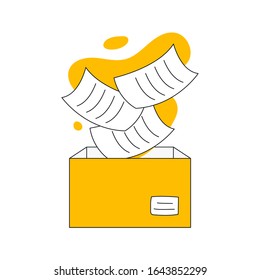 Falling sheets of paper in a box concept. Document storage, save, backup, import or copy files to the cardboard box vector illustration on white.