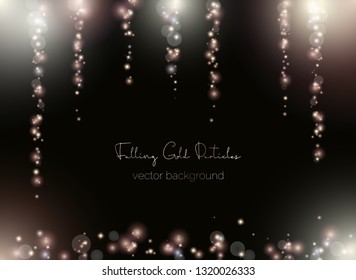 Falling shimmer particles. Magic of light sparks and blurred spots. Vector blank background in the center for text message.
