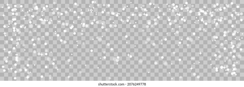 Falling shine snowflakes isolated on transparent background. PNG blizzard or snowfall. Christmas or New Year wide angle illustration.