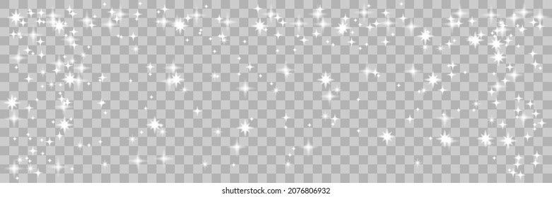 Falling shine snowflakes isolated on transparent background. PNG blizzard or snowfall. Snowing Christmas or New Year wide angle illustration.