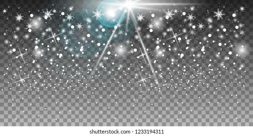 Falling shining blue glow snow or snowflakes on transparent background. Vector. EPS 10.