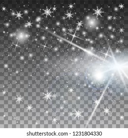 Falling shining glow snow or snowflakes on transparent background. Vector illustration. Eps 10. 