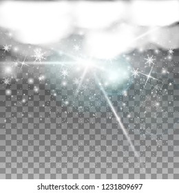 Falling shining glow snow or snowflakes on transparent background with white clouds. Vector illustration.
