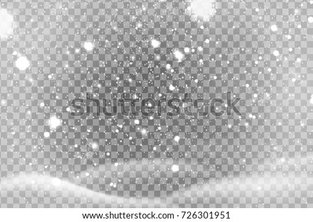 Falling Shining snow, snow drifts isolated on the transparent background.  Christmas decoration. Winter Holiday landscape for Merry Christmas and Happy New Year greeting cards. Vector illustration.