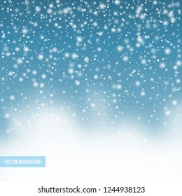 Falling shining snow or snowflakes on blue background. Texture winter snowflakes. Vector illustration.