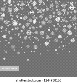 Falling shining snow or snowflakes on transparent background. Vector illustration.