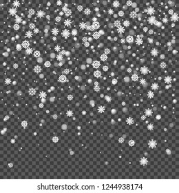 Nieve reluciente o copos de nieve sobre fondo transparente. Ilustración vectorial.