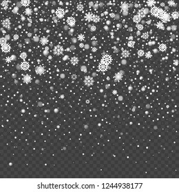 Falling shining snow or snowflakes on transparent background. Vector illustration.