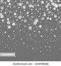 Falling shining snow or snowflakes on transparent background. Vector illustration.