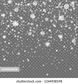 Falling shining snow or snowflakes on transparent background. Vector illustration.
