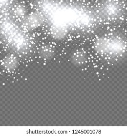 Falling shining snow or snowflakes on transparent background. Vector illustration.