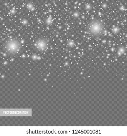 Falling shining snow or snowflakes on transparent background. Vector illustration.