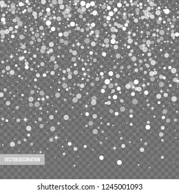 Falling shining snow or snowflakes on transparent background. Vector illustration.