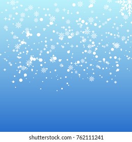 Falling shining snow or snowflakes on blue background for  Happy New Year. Vector.