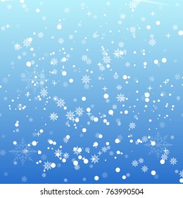 Falling shining snow or snowflakes on blue background for  Happy New Year. Vector