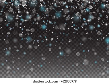 Falling Shining Snowflakes Christmas Winter and New Year Background. Snow on Transparent Background. Abstract snowflake background. Vector illustration.