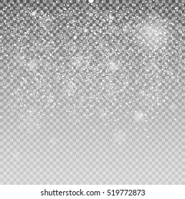 Falling Shining Snowflakes and Snow on Transparent Background. Christmas, Winter and New Year Background. Realistic Vector illustration for Your Design EPS10