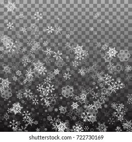 Falling Shining Snowflakes and Snow on Transparent Background. Christmas, Winter and New Year Background. Abstract snowflake background. Vector illustration.