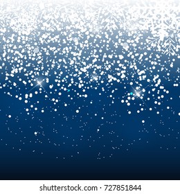 Falling Shining Snowflakes and Snow on Blue Background. Christmas, Winter and New Year Background. Realistic Vector illustration for Your Design EPS10