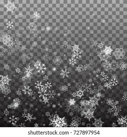 Falling Shining Snowflakes and Snow on Transparent Background. Christmas, Winter and New Year Background. Abstract snowflake background. Vector illustration.