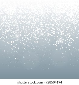 Falling Shining Snowflakes and Snow on Blue Background. Christmas, Winter and New Year Background. Realistic Vector illustration for Your Design EPS10