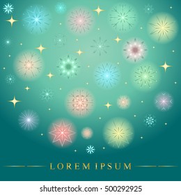 Falling Shinning Colorful Snowflakes. Golden Shimmering Stars and Snowflakes on Green Background.  Perfect for Christmas and New Year Design. Vector Illustration.