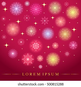 Falling Shinning Colorful Snowflakes. Golden Shimmering Stars and Snowflakes on Red Background.  Perfect for Christmas and New Year Design. Vector Illustration.