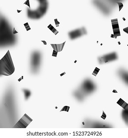 Falling shiny black confetti isolated on white background. Bright festive tinsel of dark color.