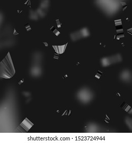 Falling shiny black confetti isolated on background. Bright festive tinsel of dark color.