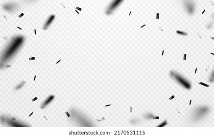 Falling shiny black confetti isolated on transparent background. Confetti Party Background. Black confetti explosion celebration. Abstract decoration party, birthday celebrate or Christmas, New Year.