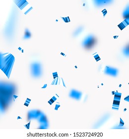 Falling shiny blue confetti isolated on white background. Bright festive tinsel of metallic blue electric shade color.