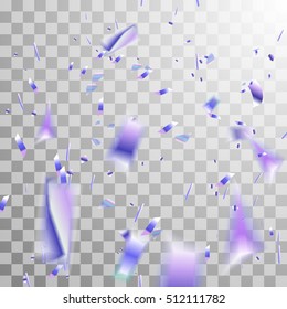 Falling shiny confetti isolated on transparent checkered background.