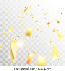 Falling shiny confetti isolated on transparent checkered background.