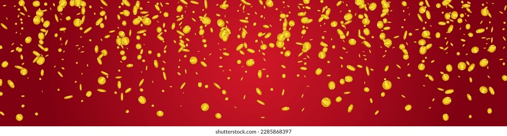 Falling Shiny Confetti Vector Red Panoramic Background. Metal Dollar Scatter Certificate. Golden Currency Card. Paper Cash Cover.