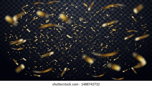 Falling Shiny Glitter Gold Confetti isolated on black transparent background. Christmas or Happy New Year Confetti. 3D confetti rain festive background for the card, invitation. Vector illustration